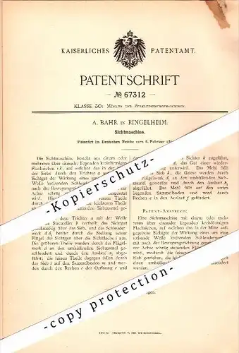 Original Patent - A. Bahr in Ringelheim b. Salzgitter , 1892 , Sichtmaschine , Mühle , Windmühle !!!