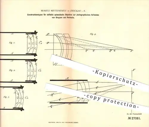 original Patent - Moritz Mittenzwey in Zwickau i. S. , 1883 , Fotografie von Gruppen u. Portraits , Foto , Objektiv !!