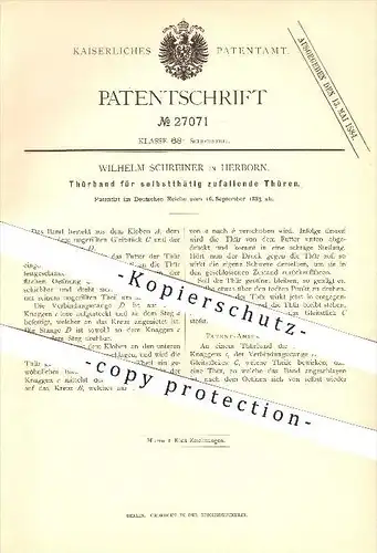 original Patent - Wilhelm Schreiner in Herborn , 1883 , Türband für selbsttätig zufallende Türen , Tür , Schlosser !!