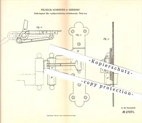 original Patent - Wilhelm Schreiner in Herborn , 1883 , Türband für selbsttätig zufallende Türen , Tür , Schlosser !!