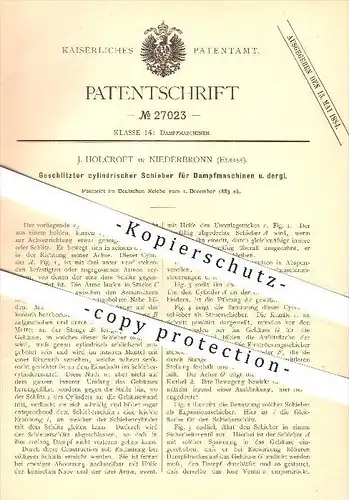 original Patent - J. Holcroft in Niederbronn , Elsass , 1883 , Schieber für Dampfmaschinen , Dampf , Zylinder !!!