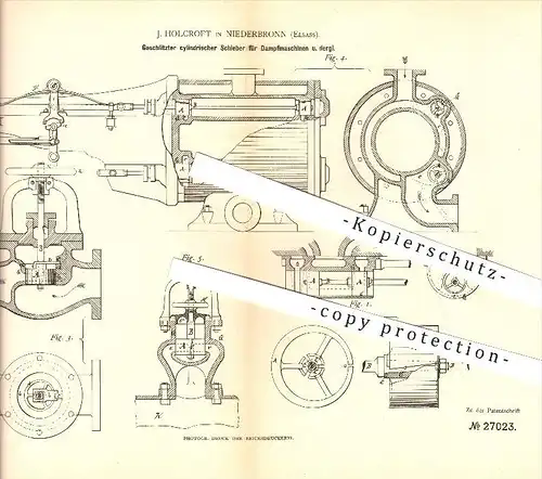 original Patent - J. Holcroft in Niederbronn , Elsass , 1883 , Schieber für Dampfmaschinen , Dampf , Zylinder !!!