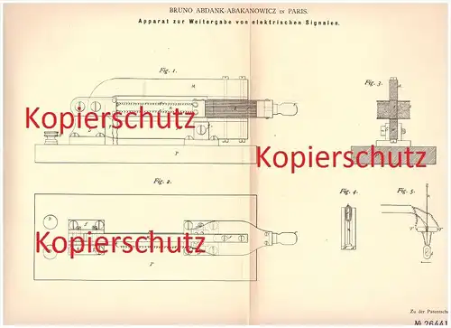 original Patent - Bruno Abdank-Abakanowicz in Paris , 1883 , Weitergabe von elektrischen Signalen , Strom , Elektrik !!!