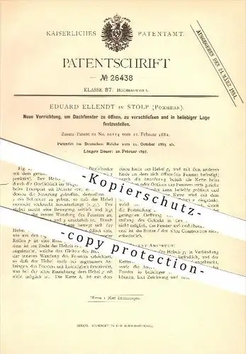 original Patent - Eduard Ellendt in Stolp , Pommern , 1883, Öffnen , Schließen u. Feststellen von Dachfenstern , Fenster
