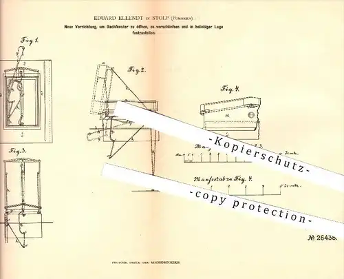 original Patent - Eduard Ellendt in Stolp , Pommern , 1883, Öffnen , Schließen u. Feststellen von Dachfenstern , Fenster