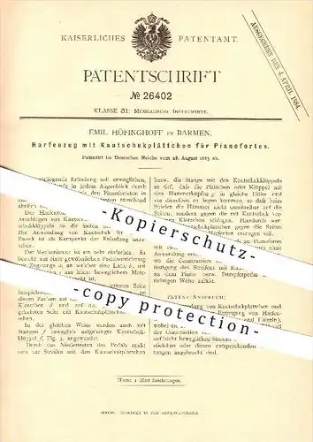original Patent - Emil Höfinghoff in Barmen , 1883 , Harfenzug für Pianofortes , Piano , Musikinstrumente , Musik !!!