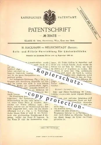 original Patent - H. Hackmann in Mellrichstadt , 1886 , Seih- und Filtrier-Vorrichtung für Läuterbottiche , Abläutern !!