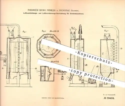 original Patent - Friedrich G. Winkler in Zschopau , 1885 , Luftverdichtung  & Luftverdünnung an Sichtemaschinen , Mühle