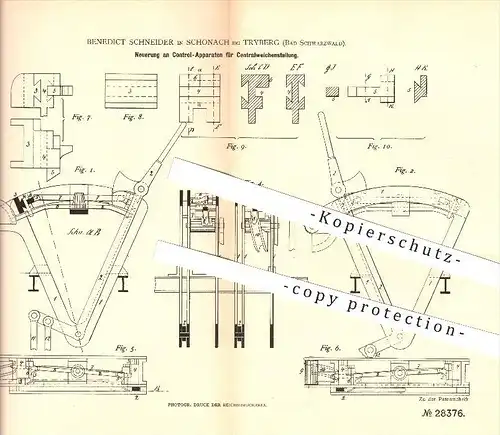 original Patent - Benedict Schneider in Schonach bei Tryberg , 1884 , Zentralweichenstellung , Eisenbahn , Weichen !!!