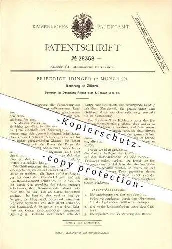 original Patent - Friedrich Idinger in München , 1884 , Zitter , Musikinstrumente , Musik , Musiker !!!