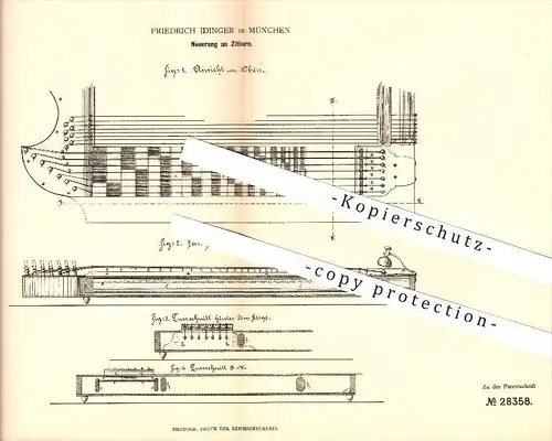 original Patent - Friedrich Idinger in München , 1884 , Zitter , Musikinstrumente , Musik , Musiker !!!