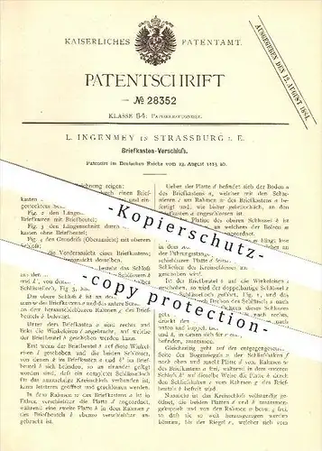 original Patent - L. Ingenmey in Strassburg i. E. , 1883 , Briefkasten - Verschluss , Schloss , Schlüssel , Riegel !!!