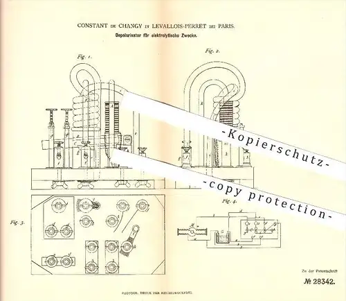 original Patent - Constant de Changy in Levallois-Perret bei Paris , 1883 , Depolarisator für elektrolytische Zwecke !!!