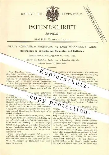 original Patent - Franz Kühmaier in Pressburg und Josef Wannieck in Wien , 1883 , galvanische Elemente u. Batterien !!