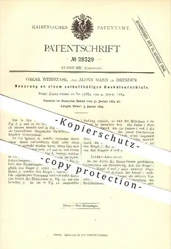 original Patent - Oskar Weibezahl und Aloys Mann in Dresden , 1884 , Baskülverschluss , Verschluss , Schloss , Riegel !!