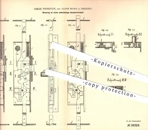 original Patent - Oskar Weibezahl und Aloys Mann in Dresden , 1884 , Baskülverschluss , Verschluss , Schloss , Riegel !!