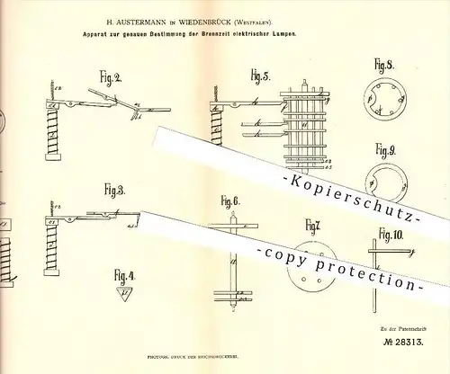 original Patent - H. Austermann in Wiedenbrück , 1883 , Brennzeit elektrischer Lampen , Lampe , Beleuchtung , Rheda !!!