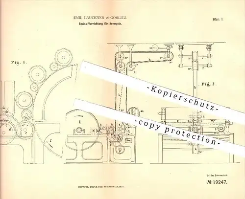 original Patent - Emil Lauckner in Görlitz , 1882, Speise-Vorrichtung für Krempeln , Spinnen , Spinnerei , Wolle , Faser