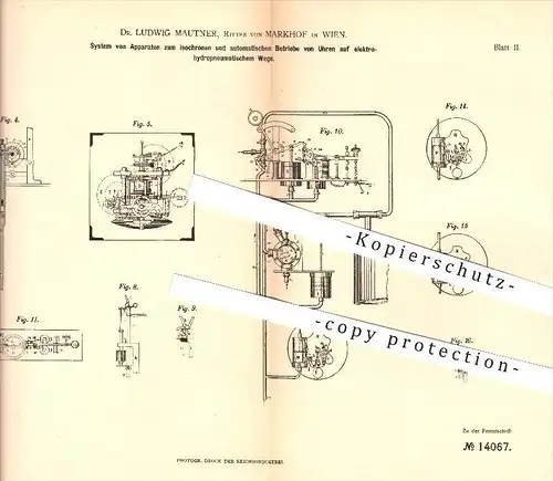 original Patent - Dr. Ludwig Mautner , Ritter von Markhof in Wien , 1881 , Uhr , Uhren , Automatik , Uhrmacher , Zeit !!