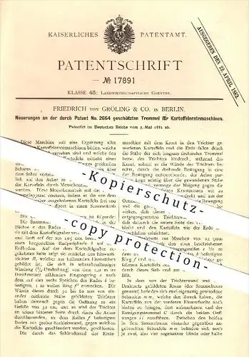 original Patent - Friedrich von Gröling & Co. in Berlin , 1881 , Trommel für Kartoffelerntemaschinen , Landwirtschaft !!