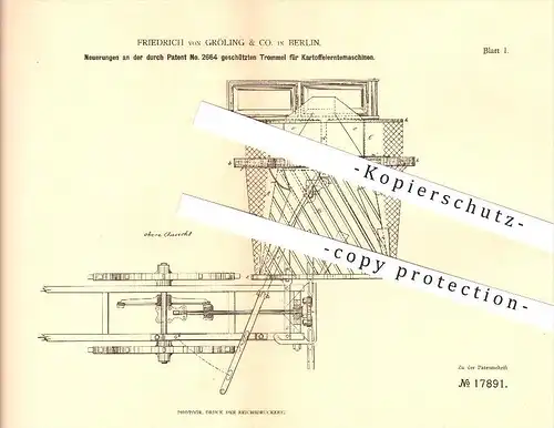 original Patent - Friedrich von Gröling & Co. in Berlin , 1881 , Trommel für Kartoffelerntemaschinen , Landwirtschaft !!