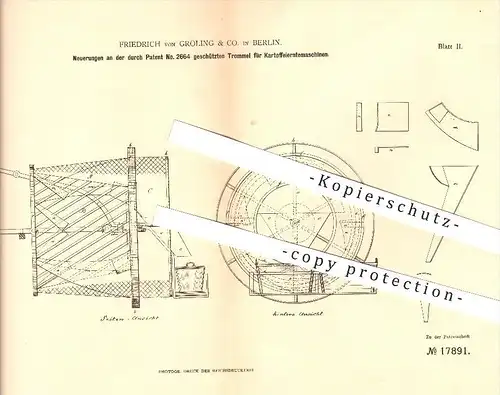 original Patent - Friedrich von Gröling & Co. in Berlin , 1881 , Trommel für Kartoffelerntemaschinen , Landwirtschaft !!