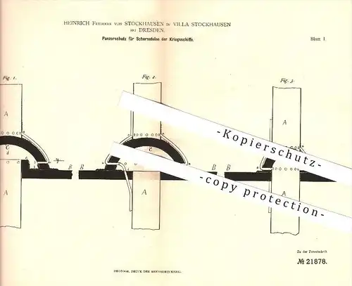 original Patent - Heinrich Freiherr von Stockhausen in Villa Stockhausen bei Dresden , 1882 , Kriegsschiff , Schiff !!