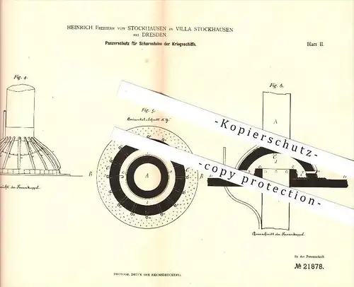 original Patent - Heinrich Freiherr von Stockhausen in Villa Stockhausen bei Dresden , 1882 , Kriegsschiff , Schiff !!