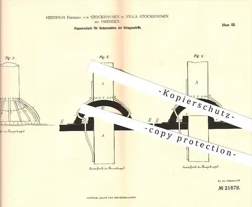 original Patent - Heinrich Freiherr von Stockhausen in Villa Stockhausen bei Dresden , 1882 , Kriegsschiff , Schiff !!