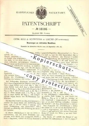 original Patent - Gebr. Ritz & Schweizer in Gmünd , 1881 , Rotierende Maschine , Pumpe , Motor , Dampfmotor , Gasmotor