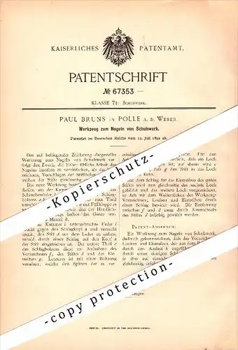 Original Patent - Paul Bruns in Polle a.d. Weser , 1892 , Werkzeug für Schuhe , Schuhmacher , Schuster , Holzminden !!!