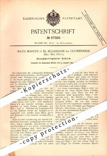 Original Patent - M. Marcus in Klein Büllesheim b. Kuchenheim / Euskirchen , 1892 , zusammenlegbarer Schirm !!!