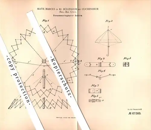 Original Patent - M. Marcus in Klein Büllesheim b. Kuchenheim / Euskirchen , 1892 , zusammenlegbarer Schirm !!!