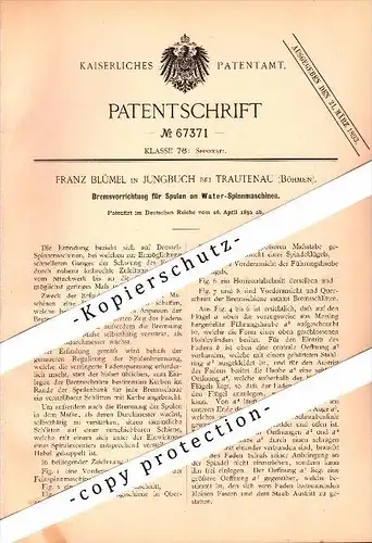Original Patent - Franz Blümel in Jungbuch / Mladé Buky b. Trautenau / Trutnov , 1892 , Bremse für Spinnmaschine !!!