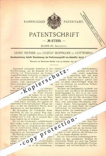 Original Patent - E. Festner und G. Hoffmann in Gottesberg / Boguszów , 1891 , Kanalanordnung für Koksofen  !!!