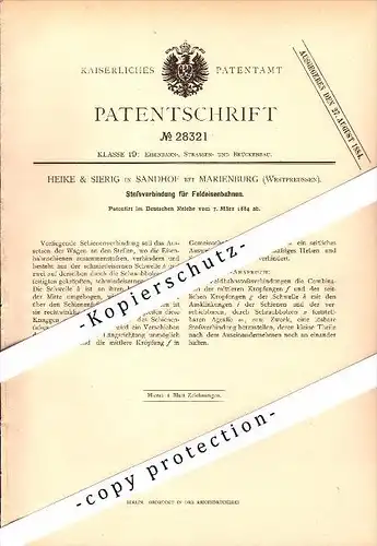 Original Patent - Heike & Sierig in Sandhof b. Marienburg , 1884 , Feldbahn , Eisenbahn , Westpreussen !!!