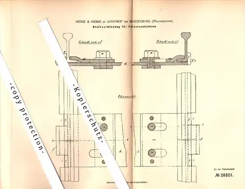 Original Patent - Heike & Sierig in Sandhof b. Marienburg , 1884 , Feldbahn , Eisenbahn , Westpreussen !!!