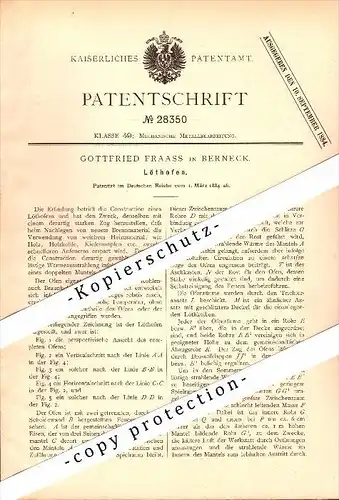 Original Patent - Gottfried Fraass in Berneck , 1884 , Lötofen , Metallbau !!!