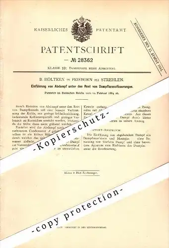 Original Patent - B. Höltken in Prieborn / Przeworno b. Strehlen / Strzelin , 1884 , Apparat für Dampfkessel , Schlesien