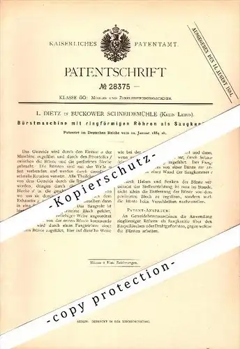 Original Patent - L. Dietz in Buckower Schneidemühle , Kreis Lebus , 1884 , Bürstenmaschine für Mühle , Buckow !!!