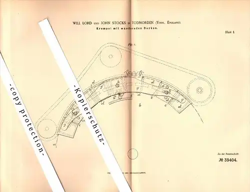 Original Patent - Will Lord and John Stocks in Todmorden , Yorkshire , 1886 , Apparatus for spinning  !!!