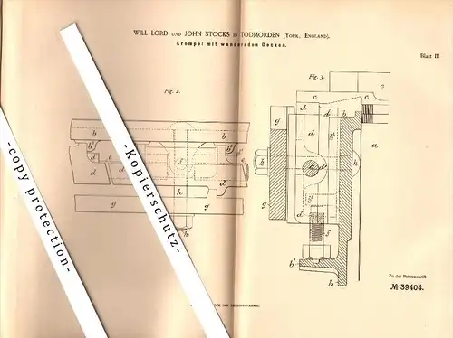 Original Patent - Will Lord and John Stocks in Todmorden , Yorkshire , 1886 , Apparatus for spinning  !!!