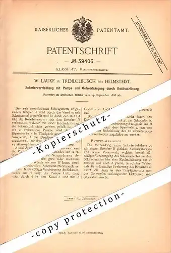 Original Patent - W. Lauke in Trendelbusch b. Helmstedt , 1886 , Schmiervorrichtung mit Pumpe , Maschinenbau !!!