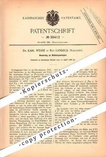 Original Patent - Dr. Karl Wehse in Bad Landeck / Ladek Zdrój , 1886 , Heizung , Heizungsbau , Schlesien  !!!