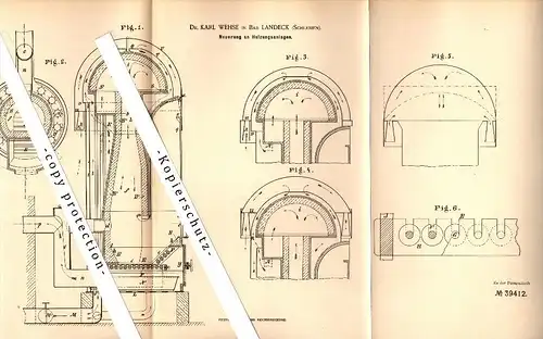 Original Patent - Dr. Karl Wehse in Bad Landeck / Ladek Zdrój , 1886 , Heizung , Heizungsbau , Schlesien  !!!