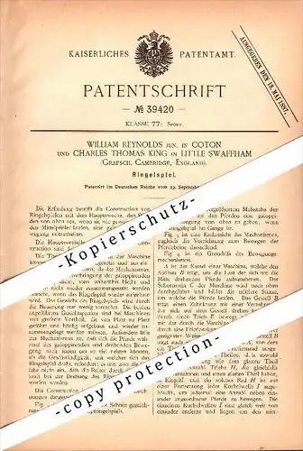 Original Patent - W. Reynolds in Coton und Ch. King in Little Swaffham , 1886 , carousel , Karussell  !!!