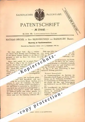 Original Patent - Mathias Heckel in Bad Silberbrunnen b. Bahlingen , 1886 , Handsäemaschine , Landwirtschaft , Agrar !!!