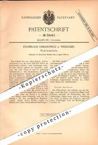 Original Patent - Stanislaus Urbanowicz in Wreschen / Wrzesnia , 1886 , Türschloss !!!