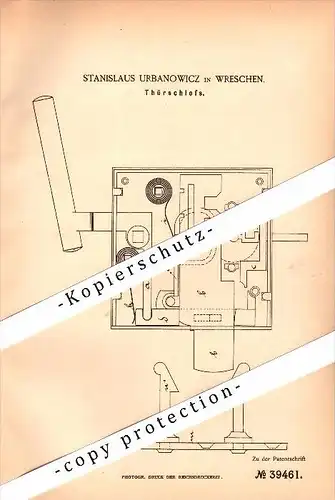 Original Patent - Stanislaus Urbanowicz in Wreschen / Wrzesnia , 1886 , Türschloss !!!
