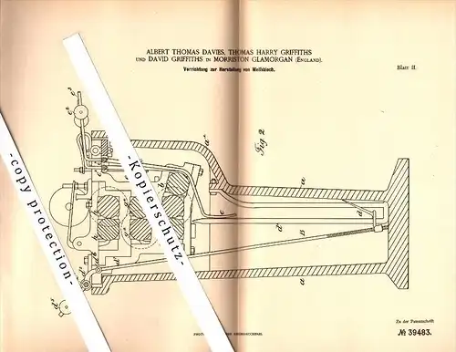 Original Patent - A. Davies and Th. Griffiths in Morriston Glamorgan , 1886 , Production of sheet metal !!!